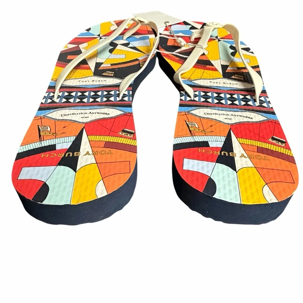Tory Burch Psychedelic Geo Enamel Logo Flip Flops‎ in Ivory Multicolor - NWOB